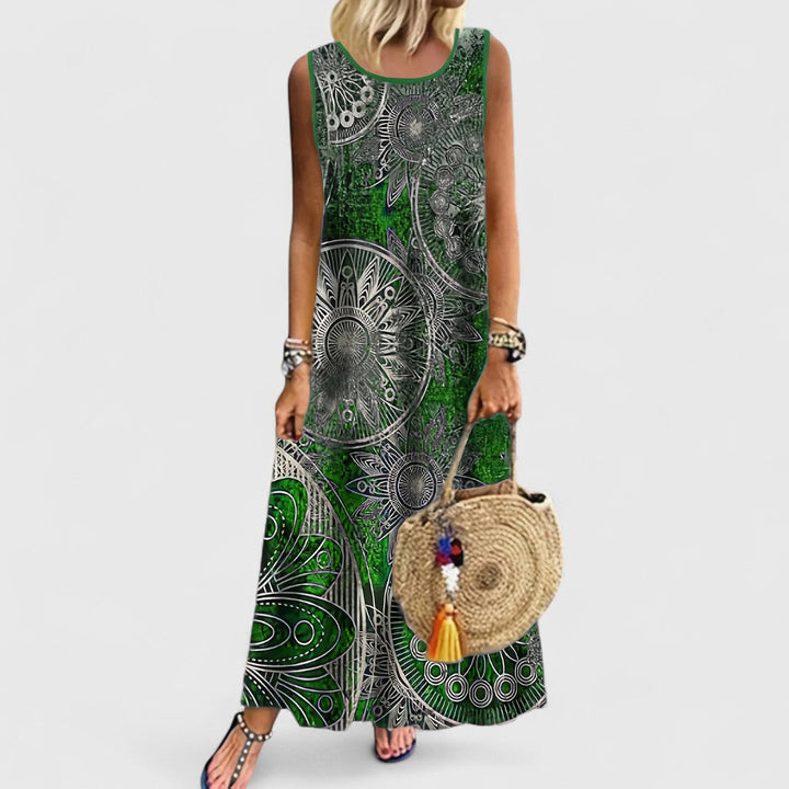 Hemeraara - Sleeveless Print Tummy Covering Maxi Dress