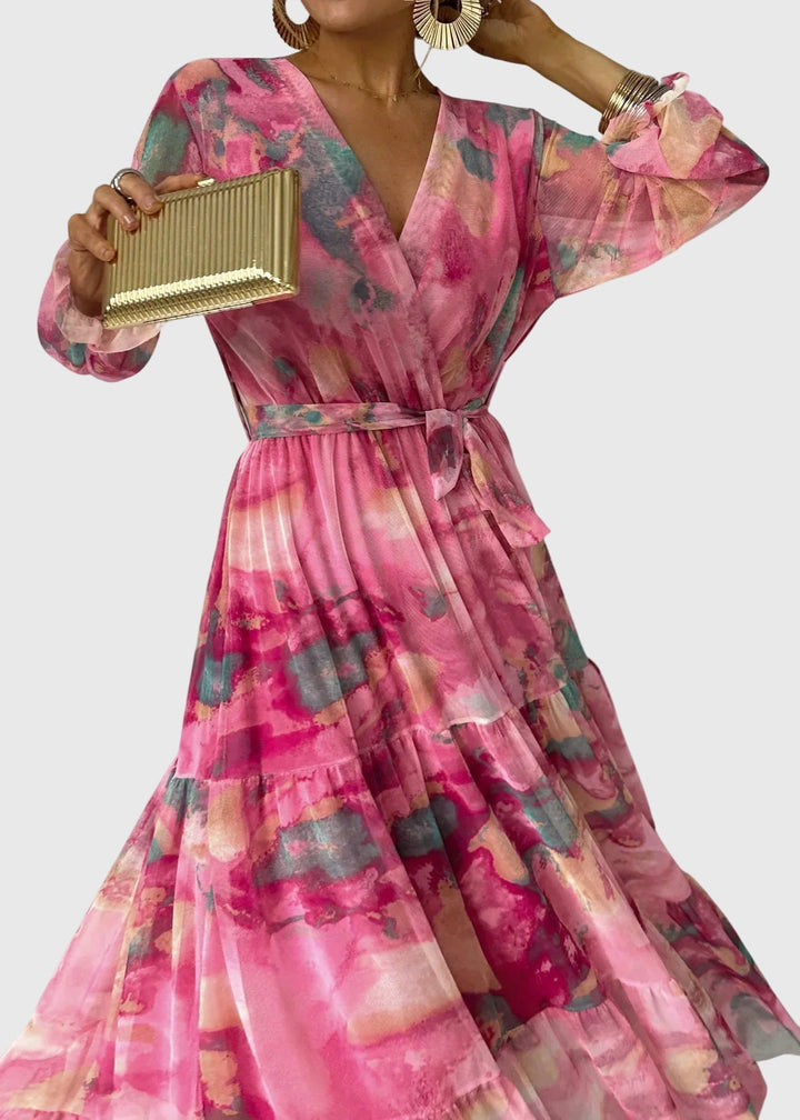 Theanoelle - Floral Print Wrap Maxi Dress with Long Sleeves