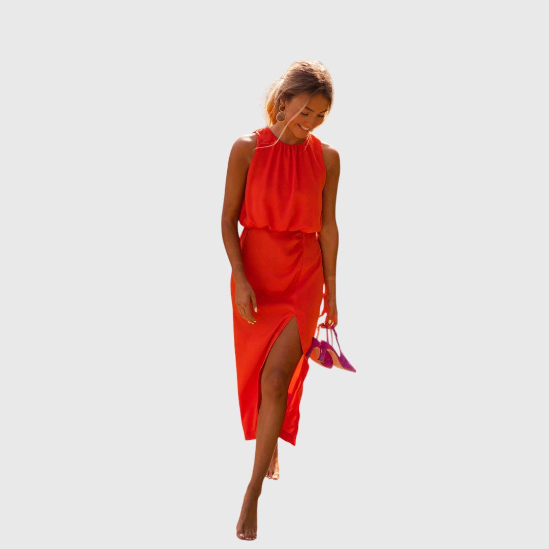 Chione - Halter Slit Midi Dress