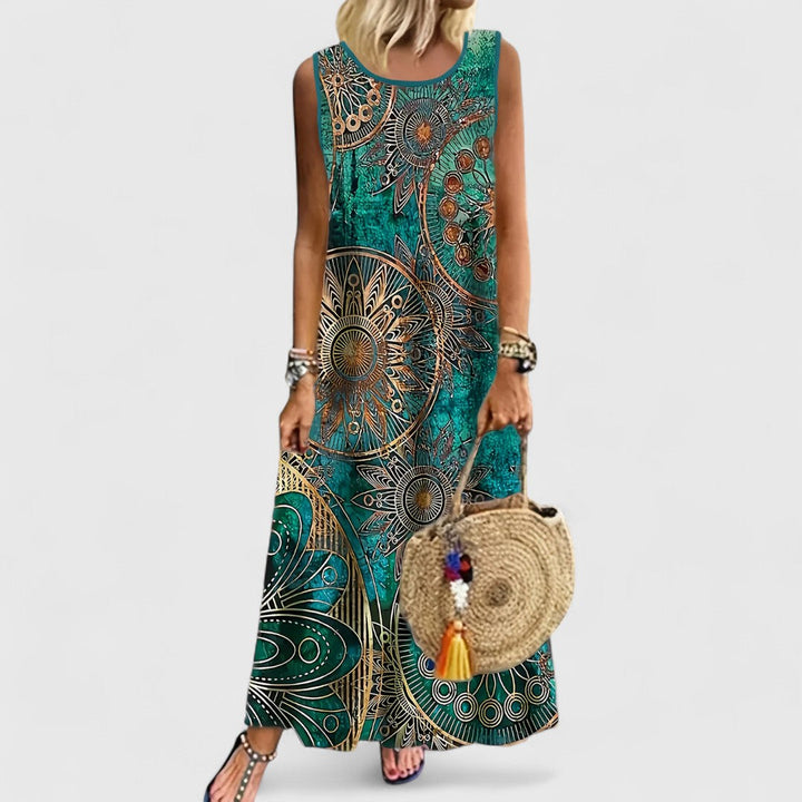 Hemeraara - Sleeveless Print Tummy Covering Maxi Dress
