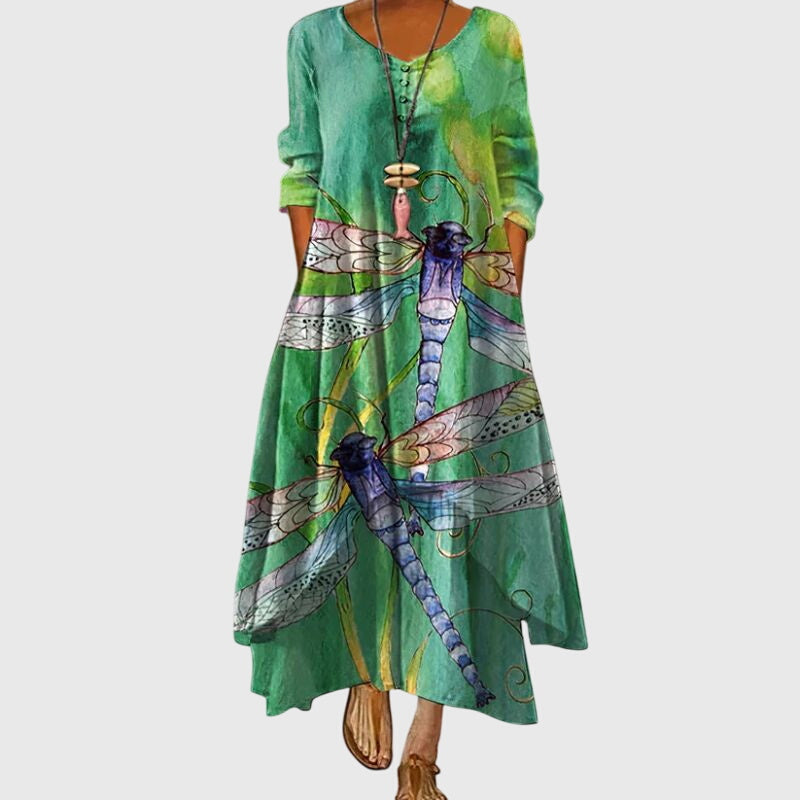 Leucotheaia - Ladies Summer Long Sleeve Printed Maxi Dress