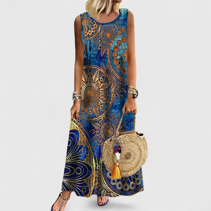 Hemeraara - Sleeveless Print Tummy Covering Maxi Dress