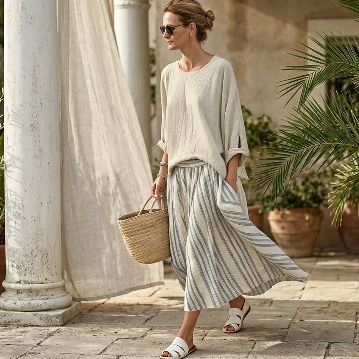 Aurora – Comfortable Blouse and Striped Midi Skirt - ByClothique