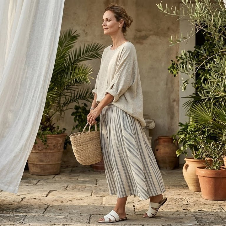 Aurora – Comfortable Blouse and Striped Midi Skirt - ByClothique