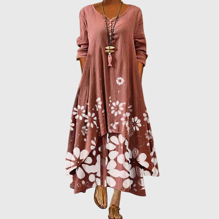 Leucotheaia - Ladies Summer Long Sleeve Printed Maxi Dress