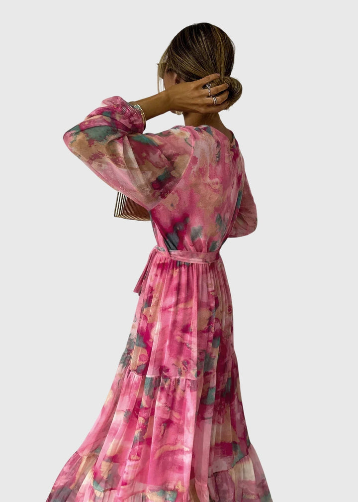 Theanoelle - Floral Print Wrap Maxi Dress with Long Sleeves