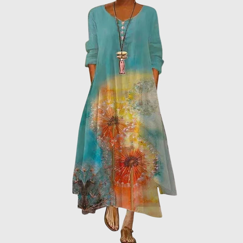 Leucotheaia - Ladies Summer Long Sleeve Printed Maxi Dress