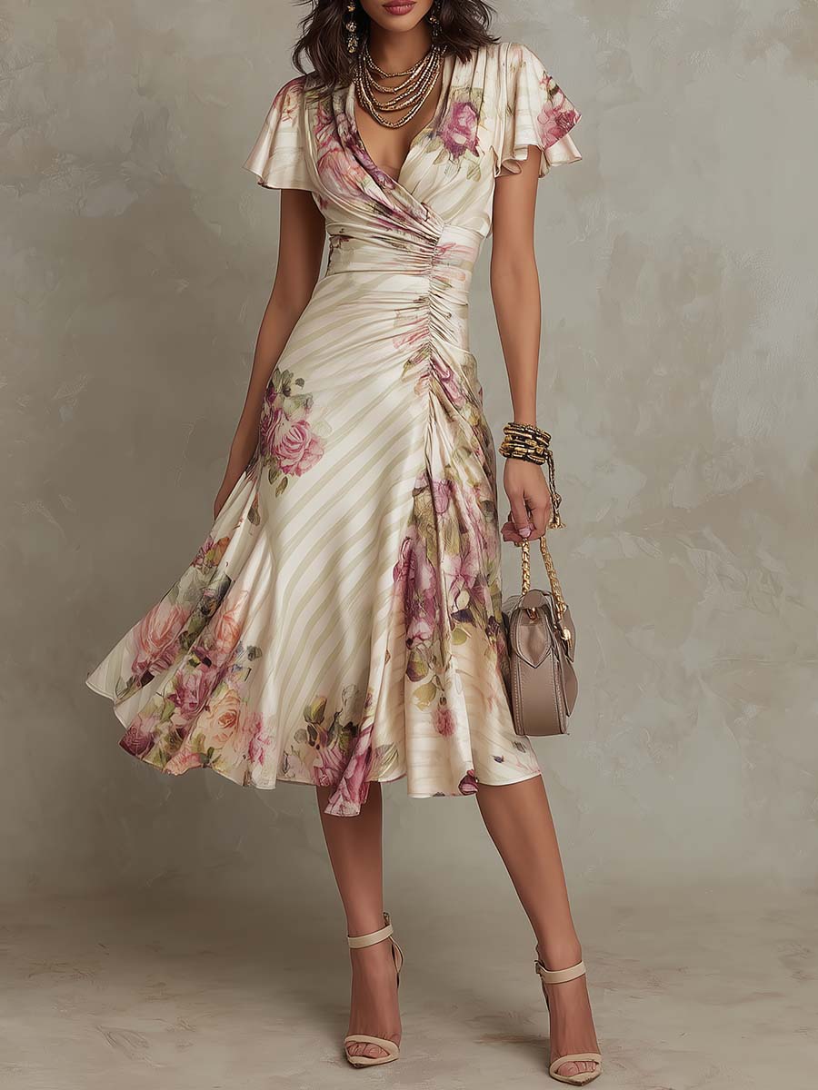 Daxirae - Elegant Floral Draped Midi Dress - ByClothique