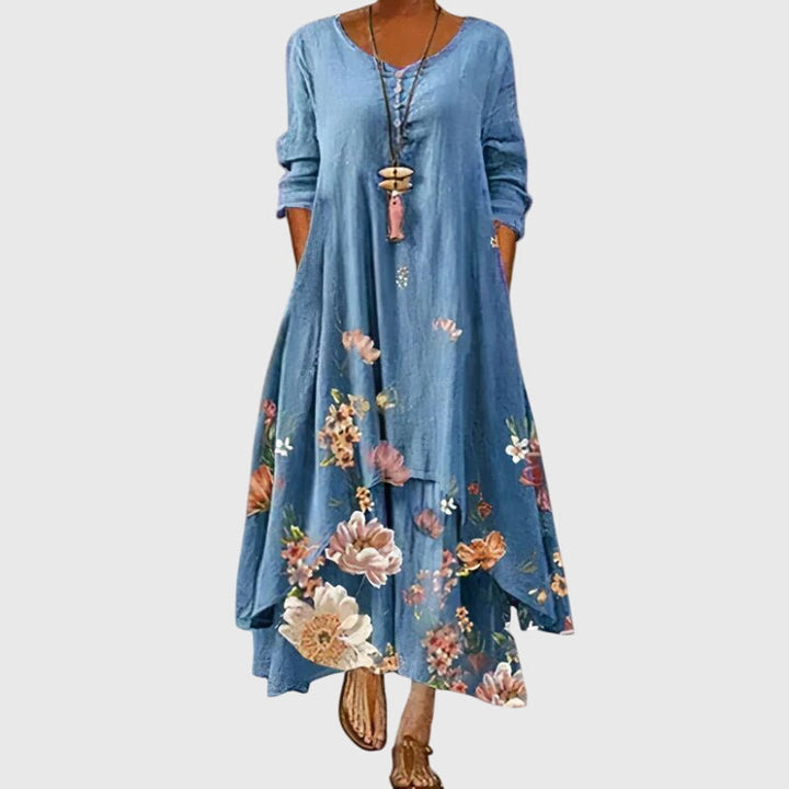 Leucotheaia - Ladies Summer Long Sleeve Printed Maxi Dress