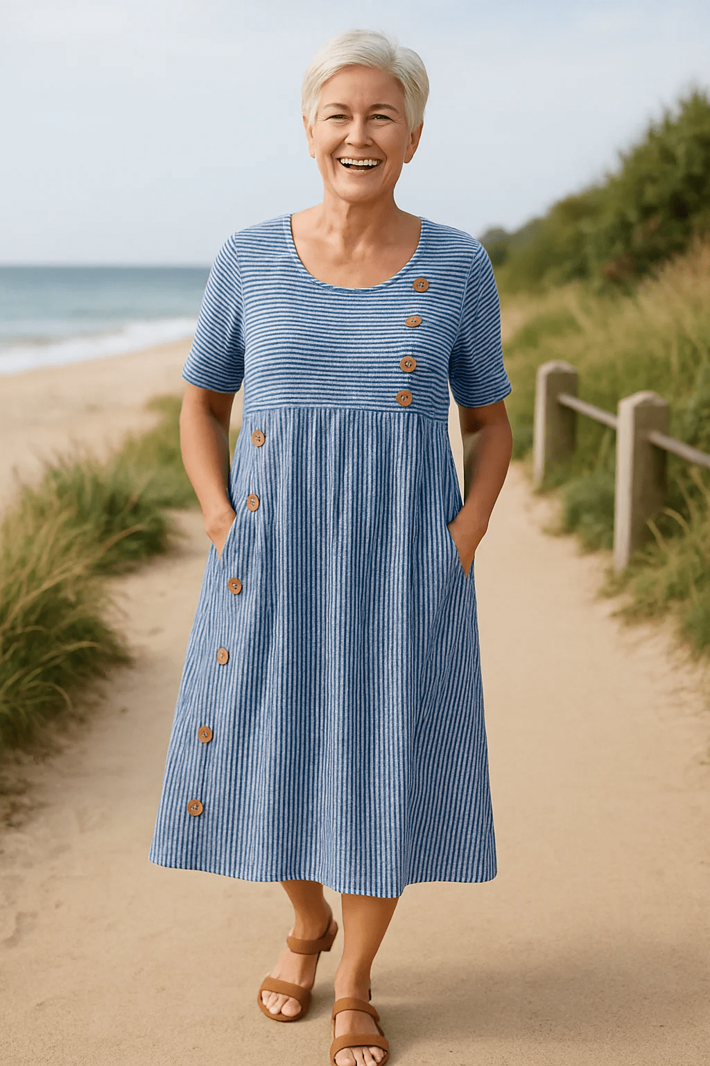 Jarna | Striped Button Midi Dress - ByClothique