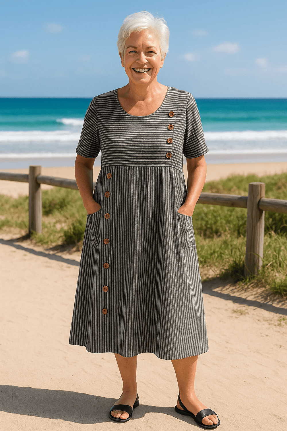 Jarna | Striped Button Midi Dress - ByClothique