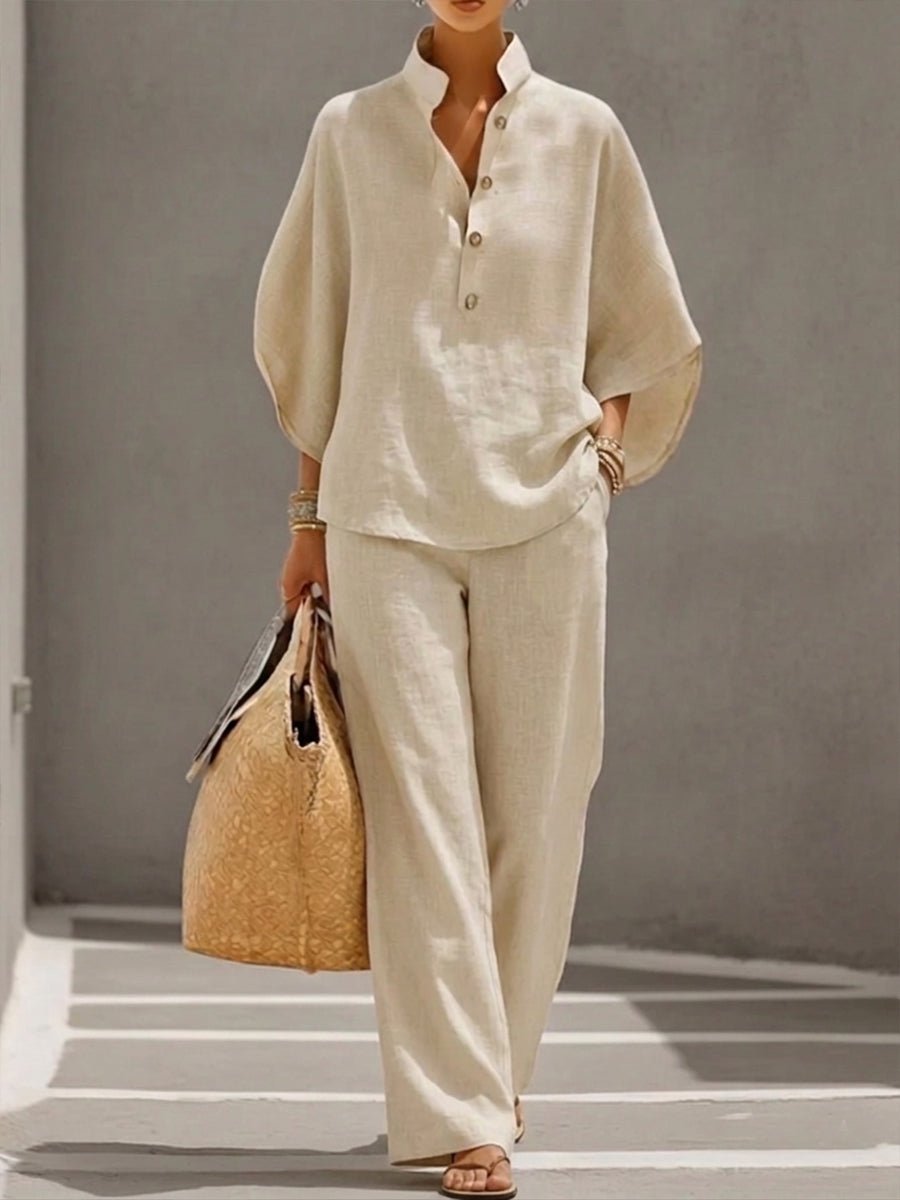 Mariel Cotton - Linen Batwing - Sleeve Top & Wide - Leg Pants Set - ByClothique
