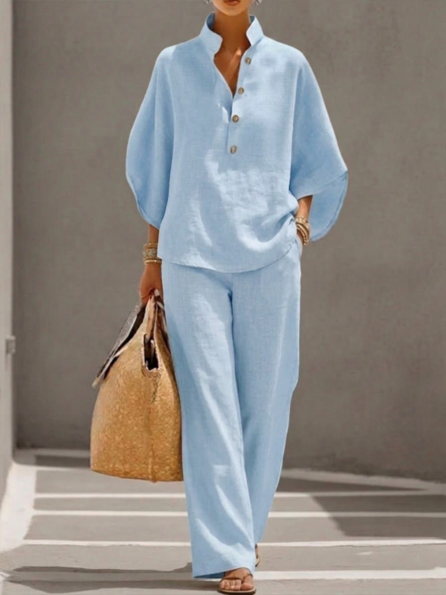 Mariel Cotton - Linen Batwing - Sleeve Top & Wide - Leg Pants Set - ByClothique