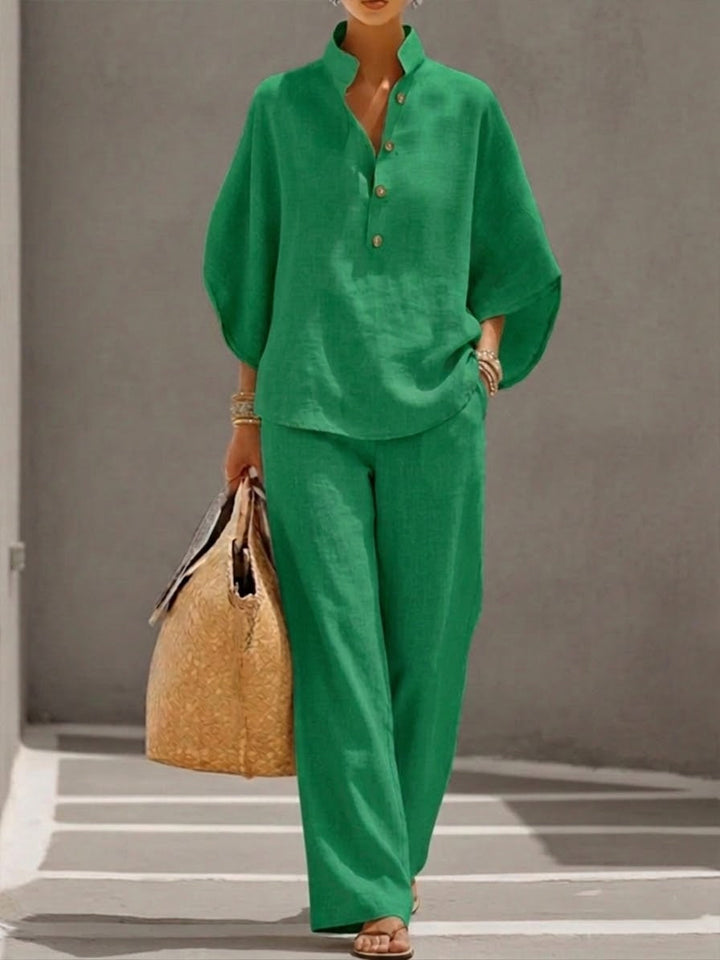 Ensemble haut à manches chauve-souris et pantalon large en coton et lin Mariel