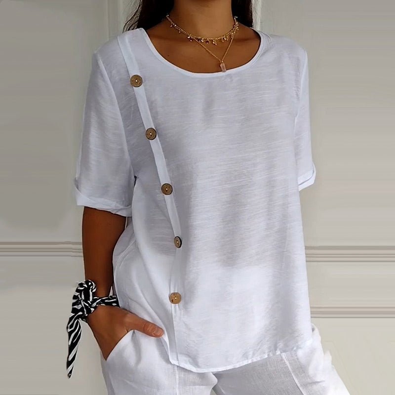 Rovyne - Women's Blouse with Round Neck and Side Buttons - ByClothique