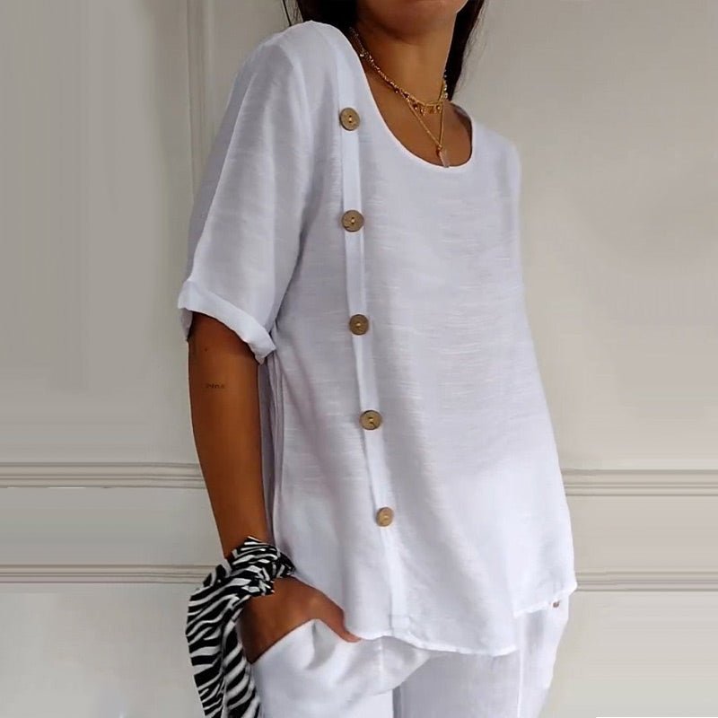 Rovyne - Women's Blouse with Round Neck and Side Buttons - ByClothique