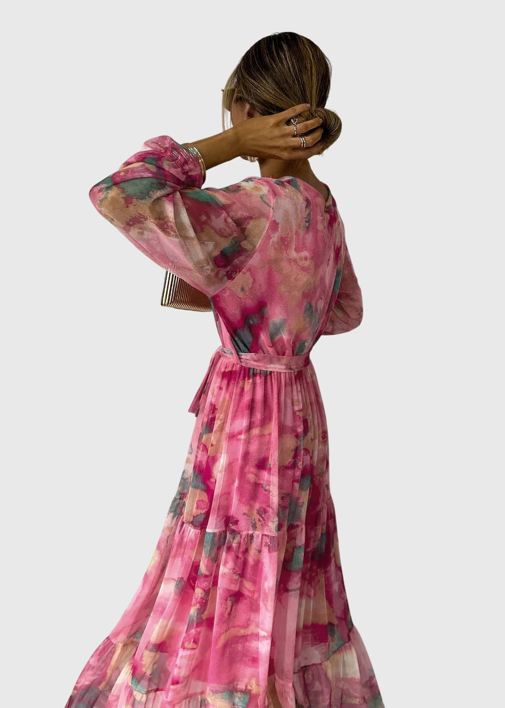 Theanoelle - Floral Print Wrap Maxi Dress with Long Sleeves - ByClothique