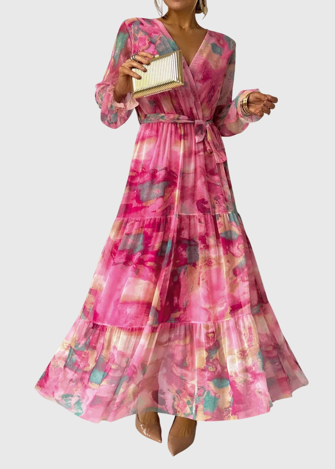Theanoelle - Floral Print Wrap Maxi Dress with Long Sleeves - ByClothique
